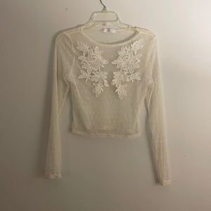 White mesh top with flower embroidery